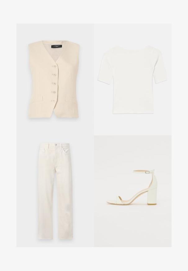 Bež laneni prsluk s V-izrezom, šest dugmadi i dva bočna džepa. Ima kroj koji naglašava figuru i glatku teksturu.; Bijeli rebrasti kratki rukav s širokim izrezom. Tekstura sadrži vertikalne pruge, naglašavajući uski kroj i jednostavan dizajn.; Krem-bež traperice ravnog kroja s pet džepova, petljama za remen te zatvaranjem na gumb i patentni zatvarač na struku.; Bijela kožna sandala na blok petu s remenom oko zapešća i minimalističkim dizajnom. Otvoreni nos i glatke teksture kroz cijelu obuću.