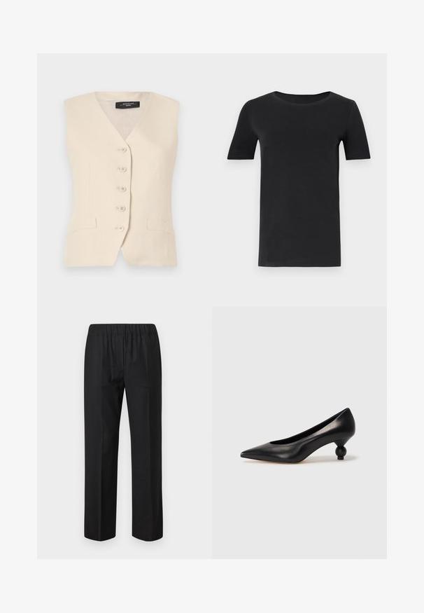 Beež linane vest, millel on V-kaelus, kuus nuppu ja kaks küljetaskut. Omab kohandatud kuju ja sileda tekstuuri.; Must must valmistatud pehmest puuvillast, lühikeste varrukatega, ümmarguse kaelusega ja klassikalise lõikega. Sile tekstuur, ilma mustrite või kaunistusteta.; Mustad püksid elastse vöökoha ja sirge lõikega, ilma nähtavate taskuteta. Sile kangas, millel on matt viimistlus.; Must musta kõrge kontsaga king, millel on terav nina ja ümar, pallikujuline konts. Sile pind ja elegantne, minimalistlik disain.