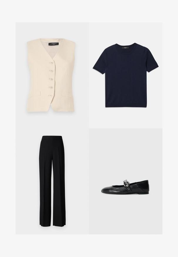 Beżowa lniana kamizelka z dekoltem w serek, sześcioma guzikami i dwiema kieszeniami bocznymi. Posiada dopasowany krój oraz gładką fakturę.; Granatowa koszulka z krótkim rękawem, wykonana z miękkiego materiału, z okrągłym dekoltem i prążkowanymi krawędziami, gładka tekstura, bez widocznych wzorów.; Czarne spodnie o szerokim kroju, o gładkiej fakturze, z wysokim stanem i centralnymi kantami. Brak widocznych wzorów lub detali metalowych.; Czarne skórzane baletki z wąskim noskiem, z paskiem z okrągłą metalową klamrą i płaską podeszwą.