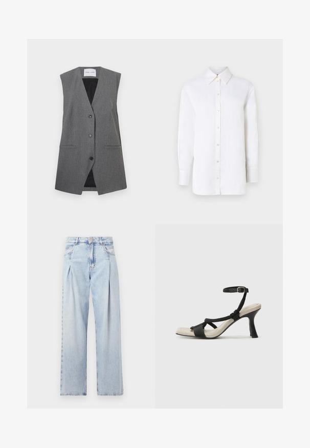 Graham kariertes Weste mit V-Ausschnitt, ohne Ärmel, zwei vordere Taschen und einem einzigen Knopfverschluss. Innenfutter ist schwarz.; Weißes Leinen-Hemd mit Knopfleiste, spitzem Kragen, langen Ärmeln und Knopfverschlüssen. Verfügt über einen lässigen Schnitt und eine glatte Textur.; Helle blaue Denim-Jeans mit hoher Taille, weitem Beinschnitt, zwei seitlichen Taschen und gefaltetem Design. Weiche Textur mit einem ausgebleichten Finish.; Schwarze Absatzsandale mit geflochtenem Riemendesign, quadratischer Spitze und verstellbarem Knöchelriemen. Helle beigefarbene Sohle mit glänzendem schwarzen Absatz.