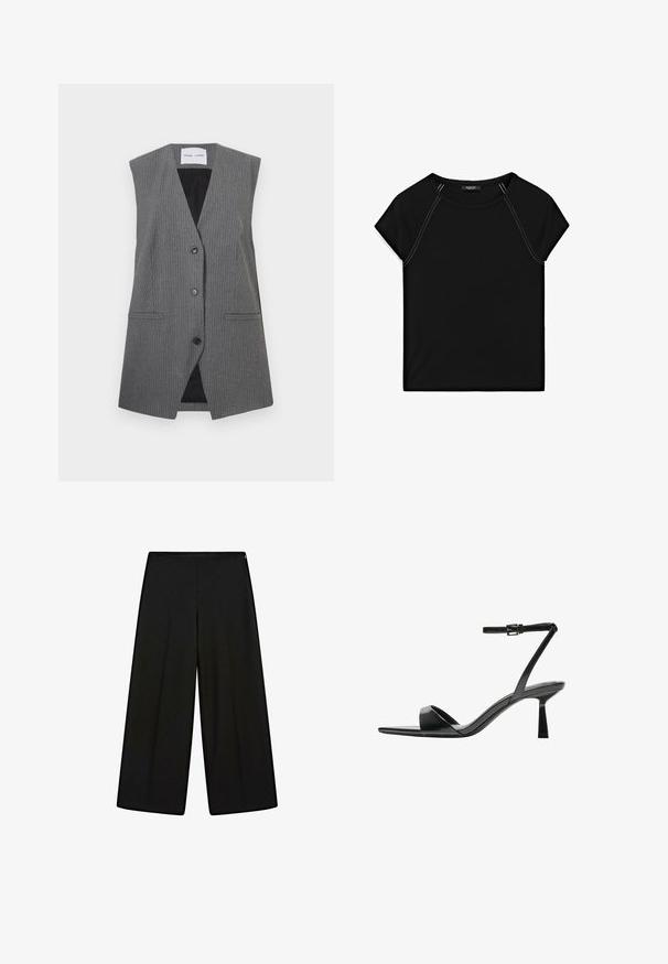 Graham kariertes Weste mit V-Ausschnitt, ohne Ärmel, zwei vordere Taschen und einem einzigen Knopfverschluss. Innenfutter ist schwarz.; Schwarzes Kurzarmoberteil mit rundem Halsausschnitt und kontrastierendem weißen Nähten an den Schultern und Seiten. Weicher, glatter Stoff.; Schwarze, weit geschnittene Hosen aus weichem Stoff, mit hohem Bund und Falten, die eine glatte Textur und keine sichtbaren Verzierungen aufweisen.; Bershka High Heel Sandalette - black