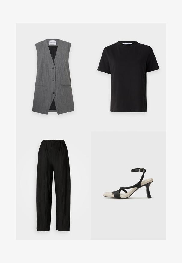 Gray pinstriped vest with a v-neck, no sleeves, two front pockets, and a single button closure. Interior lining is black.; Black short-sleeve t-shirt made of soft cotton, featuring a round neckline, relaxed fit, and a smooth texture. No visible patterns or graphics.; Black pleated wide-leg pants with an elastic waistband. The fabric features vertical pleats and a smooth texture.; Black heeled sandal with braided strap design, square toe, and adjustable ankle strap. Light beige footbed with a glossy black heel.