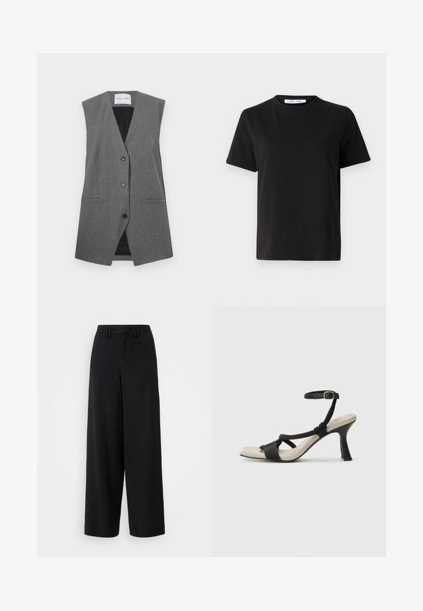 Chaleco gris de rayas con cuello en V, sin mangas, dos bolsillos frontales y un cierre de un botón. El forro interior es negro.; Camiseta negra de manga corta hecha de algodón suave, con un cuello redondo, corte relajado y una textura lisa. Sin patrones ni gráficos visibles.; Pantalones de pierna ancha negros, hechos de una tela suave, con un diseño de frente plano, detalles plisados y trabillas en la cinturilla.; Sanda¡ía de tacón negro con diseño de tira trenzada, punta cuadrada y correa ajustable en el tobillo. Plantilla de color beige claro con un tacón negro brillante.