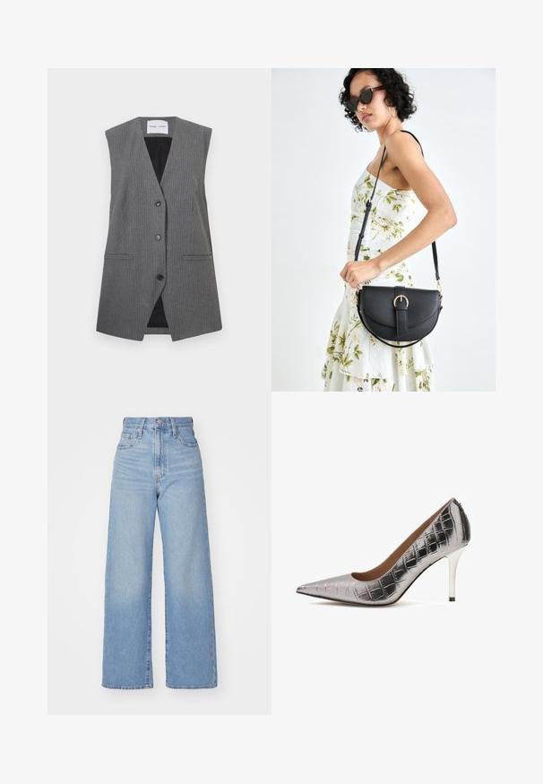 Siva prugasta usnja brez rokavov z V-izrezom, dvema sprednjima žepekoma in enim gumbom za zapiranje. Notranja podloga je črna.; Bela bombažna majica s krojem na vratu, kratkimi rokavi, ravnim krojem in gladko teksturo. Brez vzorcev ali okrasnih elementov.; Svetlo modri visokorasli široki traper hlače z sprednjim gumbom in zadrgo, sprednjimi in zadnjimi žepi, na belem ozadju.; Srebrna visoka peta iz sintetike s teksturo krokodila, špicast nos, elegantna stiletto peta s črnim poudarjenjem.; Črna usnjena torbica s ukrivljeno obliko, z odstranljivo naramnico in zlatimi dodatki. Torbica ima pokrov s podrobnostmi v obliki zaponke.