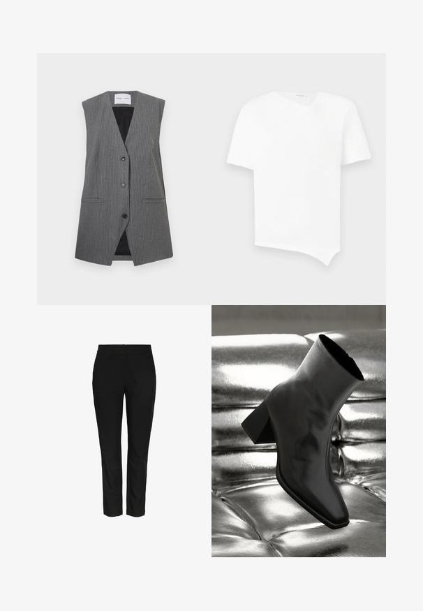 Šedá pruhovaná vesta s výstřihem do V, bez rukávů, se dvěma předními kapsami a jednobarevným zapínáním. Vnitřní podšívka je černá.; Bílé tričko s krátkým rukávem vyrobené z bavlny. Má asymetrický lem a mírný výstřih do V bez švů. Hladká textura.; Černé slim fit kalhoty vyrobené z hladké, tkané látky. Mají standardní pas a žádné viditelné kapsy. Čistý, dobře padnoucí vzhled.; Černá kotníková bota vyrobená z lesklého materiálu se čtveratou špičkou a zúženým podpatkem, umístěná na lesklém stříbrném prošívaném pozadí.