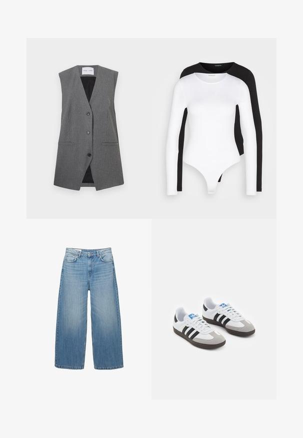 Grijze pinstripe vest met een v-hals, zonder mouwen, twee voorkwasten en een enkele knoopsluiting. De binnenvoering is zwart.; Zwart-wit lange mouwen bodysuit met een ronde halslijn. Gemaakt van zachte, rekbare stof, met een stringstijl onderkant en aansluitende mouwen.; Lichtblauwe wijde jeans van denim, met een klassieke vijf-pocketontwerp en een knoopsluiting. Verbleekte textuur overal.; Sportschoenen met een witte leren bovenkant, grijze suède neus en drie zwarte strepen. Bevat een blauw logo op de tong en een gestructureerde rubberen zool.