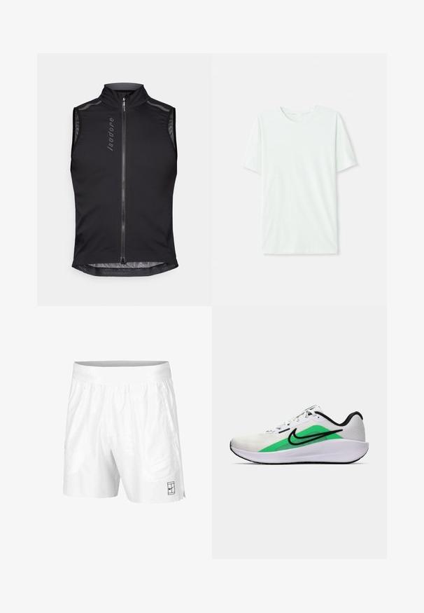 Melna bez piedurknēm velosipēdu veste, ar augstu apkakli, frontālo rāvējslēdzēju, acs elementiem un atstarojošiem akcentiem redzamībai.; Gai mints zaļš īsu piedurkņu T-krekls, izgatavots no mīkstas auduma. Tam ir apaļa kakla izgriezuma forma un vienkāršs, taisns griezums bez rotājumiem.; Baltie sporta šorti, kas izgatavoti no viegla auduma, ar elastīgu jostasvītru, divām sānu kabatām un mazu melnu logo pie apakšmalas.; Balta sporta apava ar zaļu akcentu, melnu logo, sietiņu augšu, mīkstu zoli un noapaļotu papēdi. Iekļauj lences un kontrastējošas detaļas.