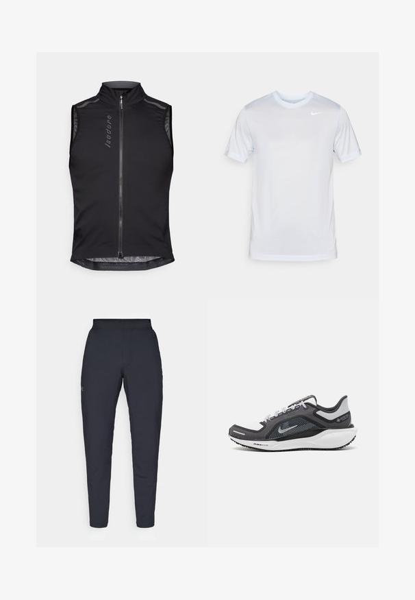 Juoda be rankovių dviratininkų liemenė, su aukštu apykakle, priekiniais užtrauktukais, tinklinėmis detalėmis ir atspindinčiais akcentais matomumui.; Nike Performance TEE NEW VENEER - Sportiniai marškinėliai trumpomis rankovėmis - football grey/pure/white; Juodos sportinės kelnės su lygiu paviršiumi, siauru siluetu, elastingu juosmeniu ir šoninėmis kišenėmis. Mažas logotipas yra kairėje šlaunyje.; Juodas ir pilkas sportinis batelis su tinkleliu viršuje, atspindinčiais akcentais ir balta vidurinė dalimi. Yra tekstūruota guminė išorinė pada ir raišteliai.