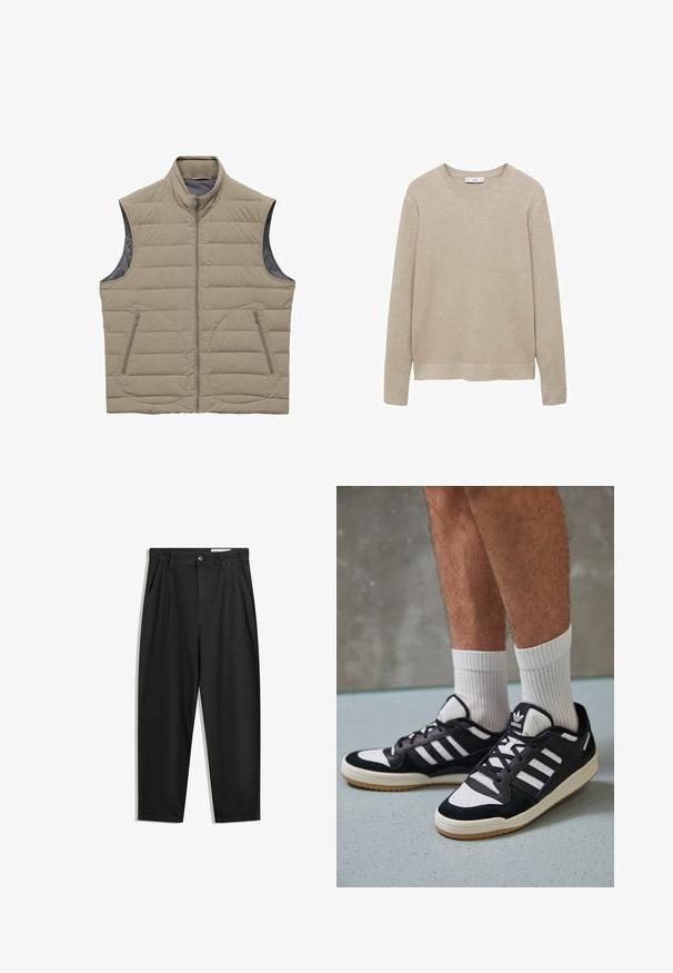 Beige insulated vest with a high collar, quilted design, and two zippered pockets. Smooth texture, no sleeves, and a solid color finish.; Beige ribbed knit sweater with long sleeves, round neckline, and cut-off hem. Fabric appears soft with a textured pattern.; Black cotton trousers with a relaxed fit, featuring a classic waistband, front pleats, and side pockets. Smooth texture without patterns.; Black and white sneakers with a suede and leather upper, featuring three white stripes, a perforated toe, and a gum rubber sole.