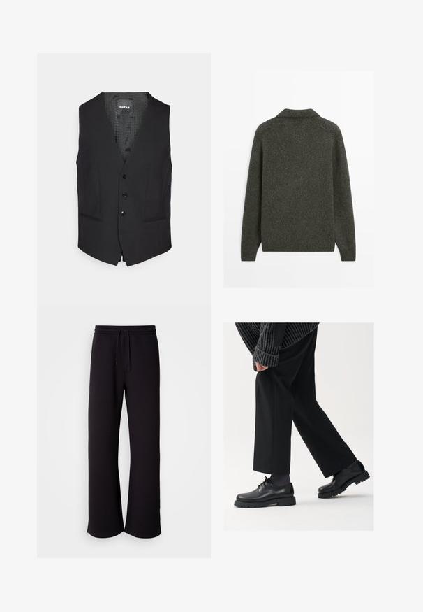Schwarze Weste aus glattem Stoff mit V-Ausschnitt, fünf schwarzen Knöpfen, zwei Seitentaschen und einem gemusterten Futter.; Dunkelgrauer Wollpullover mit langen Ärmeln und geripptem Saum, von hinten vor einem schlichten weißen Hintergrund gezeigt.; Weißes T-Shirt mit kurzen Ärmeln, lockere Passform, runder Ausschnitt, glattes Baumwollmaterial, ungeschmückter Rücken, gerader Saum, keine Muster oder Akzente.; Schwarze Jogginghose aus weichem Material, mit einem Kordelzugbund, lockerer Passform und geradem Bein. Minimalistischer Stil ohne Muster.; Schwarze Lederschuhe mit einer runden Spitze, Schnürdesign und dicker, strukturierter Sohle. Getragen mit maßgeschneiderten schwarzen Hosen und einem gerippten Pullover.