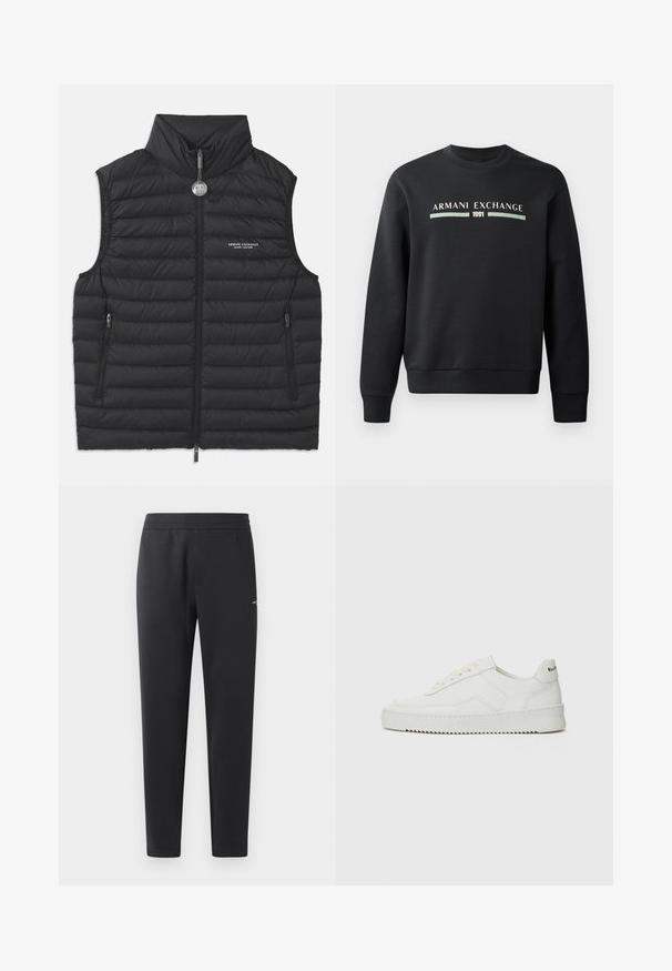 Fekete puffos mellény magas gallérral, elöl cipzáras záródással, két oldalsó cipzáras zsebbel és logóval a mellkason, vízszintes tűzött varrással.; Fekete pulóver, puha anyagból készült. Kerek nyakú, hosszú ujja van. Az elülső részén "ARMANI EXCHANGE" és "1991" felirat látható eltérő színben.; Fekete sportnadrág puha anyagból, rugalmas derékpánttal, egyenes szárakkal és egy kis logó részlettel az oldalán.; Fehér bőr sportcipő sima felülettel, kerek orral, lapos fűzőkkel és texturált talppal. Finom logó található a sarokon.