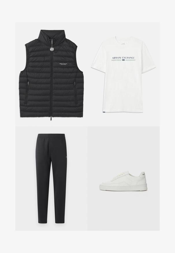 Melnā pūkaina veste ar augstu apkakli, priekšējo rāvējslēdzēju, divām sānu rāvējslēdzēju kabatām un logo uz krūtīm, ar horizontālu šuvju dekoru.; Baltas kokvilnas t-krekls ar īsām piedurknēm, ar zilu un zaļu "ARMANI EXCHANGE" logo un "1991" centrā zem tā.; Melni sporta bikses, kas izgatavotas no mīkstas auduma, ar elastīgu jostasvietu, taisnām kājām un nelielu logotipa detaļu sānos.; Baltas ādas sneakers ar gludu virsmu, apaļu pirkstu daļu, plakaniem šņorēm un teksturētu zoli. Satur diskrētu logotipu uz papēža.