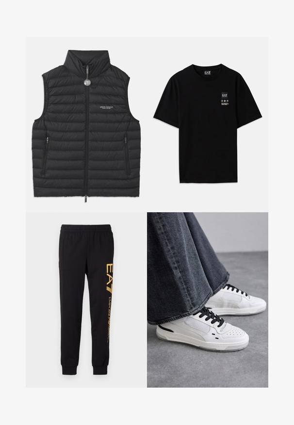 Must must vest kõrge krae, ees lukk, kaks külgset lukuga taskut ja rinna peal logo, millel on horisontaalne tikand.; Must must-habetic T-särk mustadest puuvilladest lühikeste varrukatega, ümar kaelus ja väike logo silt ees, mis sisaldab hooldusmärke valgena.; Mustad mustad, pehmest kangast, elastse vöökoha ja mansettidega. Vasakul säärel on vertikaalselt prinditud kollane bränd.; Valged sneakerid mustade paelte ja võrgukaunistustega. Omavad siledat nahast ülemist osa ja tekstureeritud kummist tallat. Kombineeritud laiade hallide teksadega.