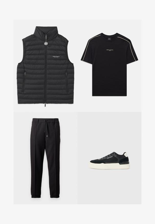 Must must vest kõrge krae, ees lukk, kaks külgset lukuga taskut ja rinna peal logo, millel on horisontaalne tikand.; Must on mustast puuvillane T-särk lühikeste varrukatega, ümmarguse kaelusega, beež aktsentõmblus õlgadel ning ARMANI EXCHANGE logo keskel.; Mustad püksid, millel on vöökoht, nöörikinnitus ja elastsed varrukad. Omab volange ja sileda, tekstuuriga kangast.; Must musta, mis on valmistatud võrkmaterjalist ja nahast, pakub paksu valget tallat ja kontrastseid aktsente. Paelad ja logo detail külje peal.