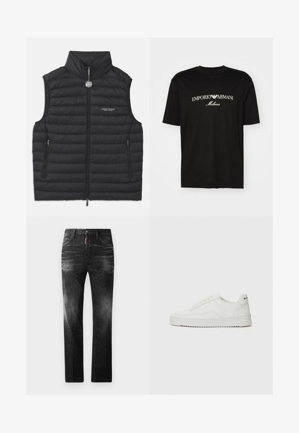 Črn puhasti jopič z visokim ovratnikom, sprednjim zadrgo, dvema stranskima žepekoma z zadrgo in logotipom na prsih, ki ima vodoravno prešito šivanje.; Črna bombažna majica s krožnim izrezom, kratkimi rokavi in logotipom "EMPORIO ARMANI" v beli barvi nad napisom "Milano" v ukrivljenem oblikovanju.; Črne jeans hlače s ravnim krojem. Imajo zbledela mesta, manjše obrabe, klasičen petnajstni žepni dizajn in gumbasto zapiranje.; Bela usnjena športna obutev z gladko površino, okroglo prst, ravne vezalke in teksturiran podplat. Ima diskretno logo na peti.