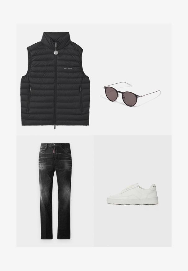 Črn puhasti jopič z visokim ovratnikom, sprednjim zadrgo, dvema stranskima žepekoma z zadrgo in logotipom na prsih, ki ima vodoravno prešito šivanje.; Črna bombažna majica s krožnim izrezom, kratkimi rokavi in logotipom "EMPORIO ARMANI" v beli barvi nad napisom "Milano" v ukrivljenem oblikovanju.; Črne jeans hlače s ravnim krojem. Imajo zbledela mesta, manjše obrabe, klasičen petnajstni žepni dizajn in gumbasto zapiranje.; Bela usnjena športna obutev z gladko površino, okroglo prst, ravne vezalke in teksturiran podplat. Ima diskretno logo na peti.; Črne okrogla sončna očala s temnimi lečami in tankimi kovinskimi ročaji. Vključujejo prosojne konec ročajev in srebrne poudarke na tečaju. Minimalističen dizajn.