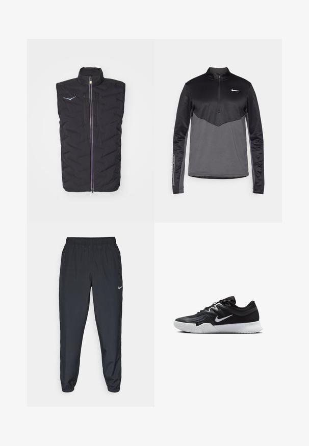 HOKA INSULATED RUN VEST - Vestă - black; Pulover cu mânecă lungă și fermoar pe un sfert Nike, negru și gri, având un corp texturat, mâneci netede și un logo pe piept.; Pantaloni sport negri dintr-un material ușor, cu un band elastic la talie, mansete la glezne și un logo Nike discret pe partea stângă.; Pantof sport negru cu un superior texturat, swoosh alb Nike și o tălpică din cauciuc alb. Dispune de un design cu șireturi și o formă dinamică.