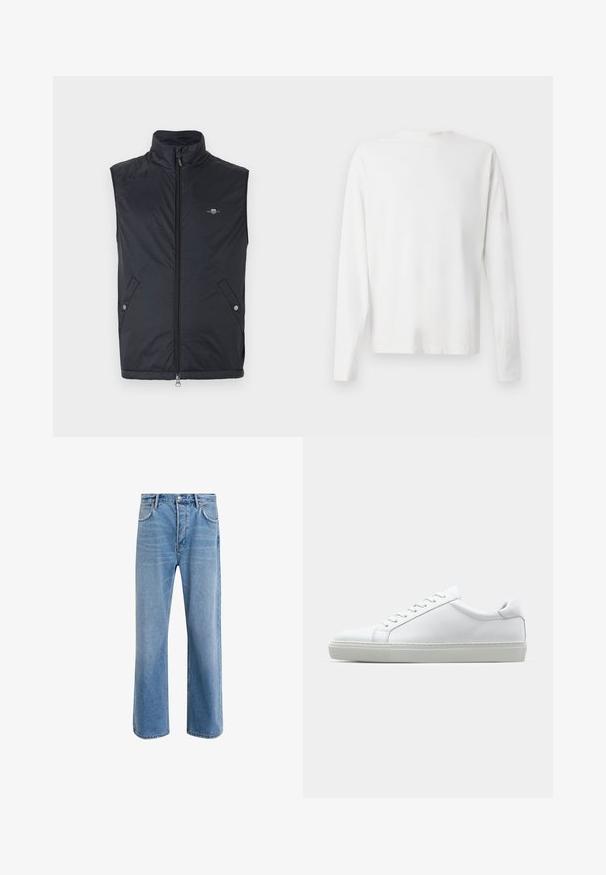 Μαύρο αμάνικο γιλέκο φτιαγμένο από απαλό, ελαφρύ υλικό, με ψηλό γιακά, μπροστινό φερμουάρ και δύο πλαϊνές τσέπες με κουμπιά snap.; Λευκό βαμβακερό πουκάμισο μακρυμάνικο με στρογγυλή λαιμόκοψη, πλαϊνές σχισμές στο κάτω μέρος και λεία υφή, εμφανιζόμενο από πίσω.; Ανοιχτό μπλε τζιν παντελόνι με ευθεία γραμμή, πέντε τσέπες, κλείσιμο με κουμπί, ελάχιστη φθορά και αντίθετες ραφές.; Λευκό αθλητικό παπούτσι με άνω μέρος από λείο δέρμα και χαμηλό προφίλ. Διαθέτει στρογγυλεμένη μύτη, έξι τρυπούλες και υφασμένη καουτσούκ σόλα.