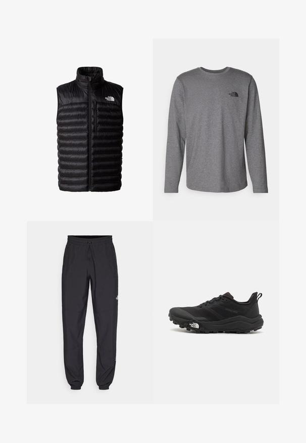 Černá plyšová vesta s vysokým límcem, plným zipem a kapsou na zip na hrudi. Obsahuje prošívaný vzor a logo The North Face.; The North Face M L/S SIMPLE DOME TEE - Top s dlouhým rukávem - medium grey heather; Černé sportovní kalhoty vyrobené z lehké tkaniny, s páskem na šňůrku, bočními kapsami a zúženými manžetami na kotnících.; Černé trailové běžecké boty s texturovaným svrškem, gumovou podrážkou a vyztuženou špičkou. Obsahují polstrovaný límec a poutko pro snadné obouvání.
