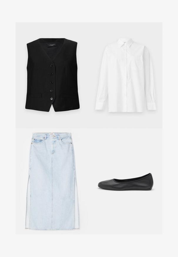 Crni krojeni prsluk s V-izrezom, šest dugmadi i dva prednja džepa. Izrađen od glatkog materijala s strukturiranim krojem i čistim linijama.; Bjela košulja dugih rukava od pamuka, s klasičnom kragnom, dugmadi na prednjem dijelu i jednim džepom na lijevoj strani.; Svijetloplava traper maxi suknja ravnog kroja, sa bočnim izrezima i dizajnom sa pet džepova. Istaknuto šivanje i metalno zatvaranje s dugmetom.; Crne kožne baletanke s zaobljenim vrhom, glatke teksture, minimalnim detaljima šavova i fleksibilnim dizajnom potplata.