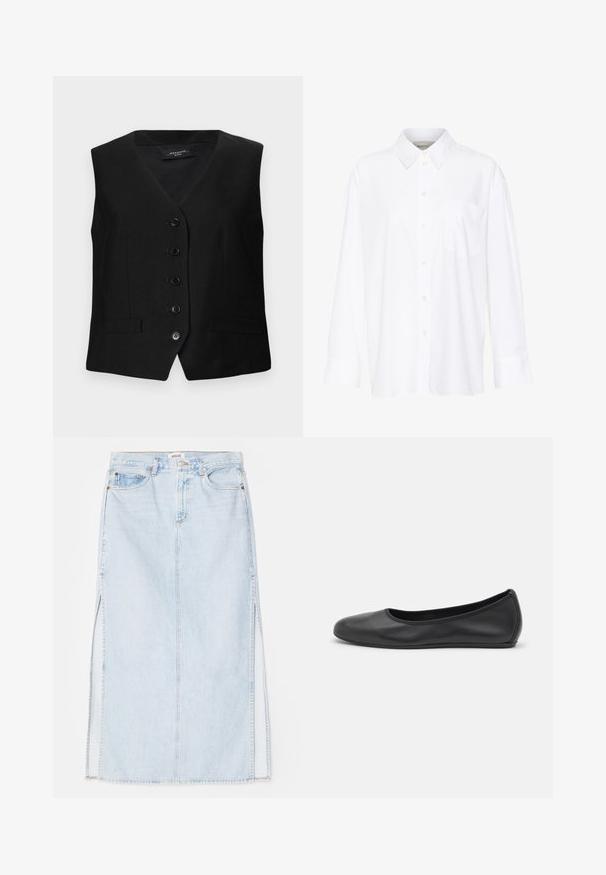 Svart skräddarsydd väst med V-hals, sex knappar och två framfickor. Tillverkad av ett slätt tyg med en strukturerad passform och rena linjer.; Vit långärmad skjorta med krage i bomull. Har en knapp-down fram och en enda bröstficka. Slät textur, avslappnad passform.; Ljusblå denim maxikjol med rak skärning, featuring sidofrack och femficksdesign. Framträdande sömmar och metallknappsstängning.; Svart läderballerinaskor med rund tå, slät yta, minimala söm detaljer och en flexibel sula.