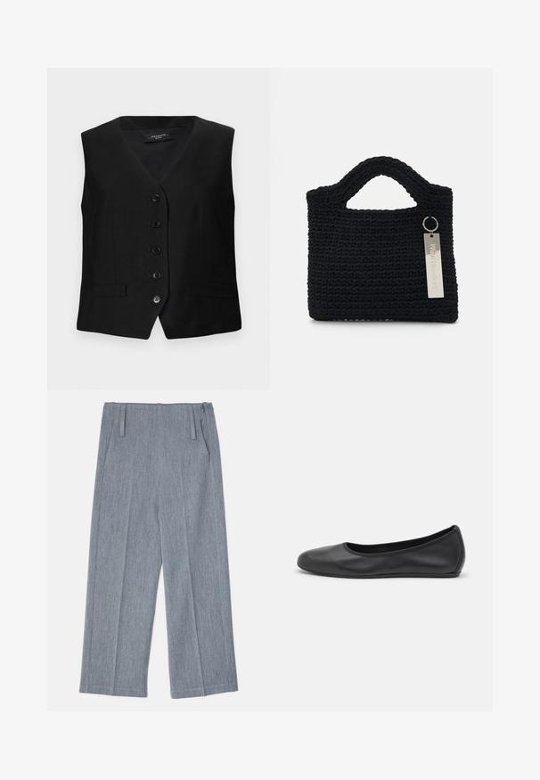Schwarze maßgeschneiderte Weste mit V-Ausschnitt, sechs Knöpfen und zwei vorderen Taschen. Aus glattem Stoff mit strukturiertem Schnitt und klaren Linien gefertigt.; Schwarzes Langarmoberteil aus weichem Stoff, mit rundem Ausschnitt und lässiger Passform, seitlichen Schlitzen am Saum für mehr Bewegungsfreiheit.; Hellgraue, weit geschnittene Hosen aus strukturiertem Stoff, mit zwei vorderen Falten und zwei Seitentaschen. Sauberes, maßgeschneidertes Design.; Schwarze Leder-Ballettschuhe mit abgerundeter Spitze, glatter Textur, minimalen Nähdetails und einem flexiblen Sohlen-Design.; Won Hundred MARSIELLE COMPUTER BAG UNISEX - Notebooktasche - black
