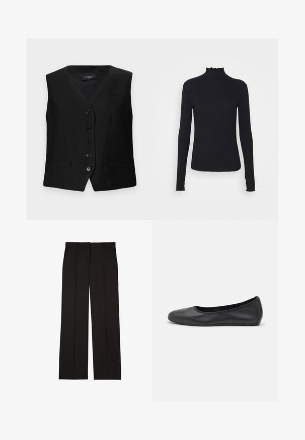 Gilet nero su misura con scollo a V, sei bottoni e due tasche frontali. Realizzato in tessuto liscio con una vestibilità strutturata e linee pulite.; Maglione nero a maniche lunghe con colletto a dolcevita realizzato in tessuto morbido, caratterizzato da un collo arricciato e una silhouette aderente con bordi semplici.; Pantaloni neri su misura realizzati in un tessuto liscio, con un design a gamba dritta e due tasche laterali. Costruzione elegante e minimalista.; Pantofole da balletto nere in pelle con punta arrotondata, texture liscia, dettagli di cucitura minimi e design con suola flessibile.