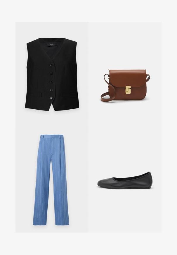 Chaleco negro ajustado con escote en V, seis botones y dos bolsillos frontales. Fabricado con tela suave, presenta un corte estructurado y líneas limpias.; Camiseta de manga corta blanca hecha de tela de canalé. Cuello redondo, corte regular y detalles de costura sutiles. Sin patrones ni gráficos.; Pantalones de pierna ancha azul claro con rayas verticales blancas. Hechos de un material suave, con un pliegue frontal y un diseño de cinturilla limpia.; Bailarina de piel negra con punta redondeada, textura suave, detalle de costura minimalista y diseño de suela flexible.; Bolso de mano de cuero marrón con cierre de solapa, herrajes en tono dorado, correa para el hombro y una textura suave. Forma rectangular compacta.