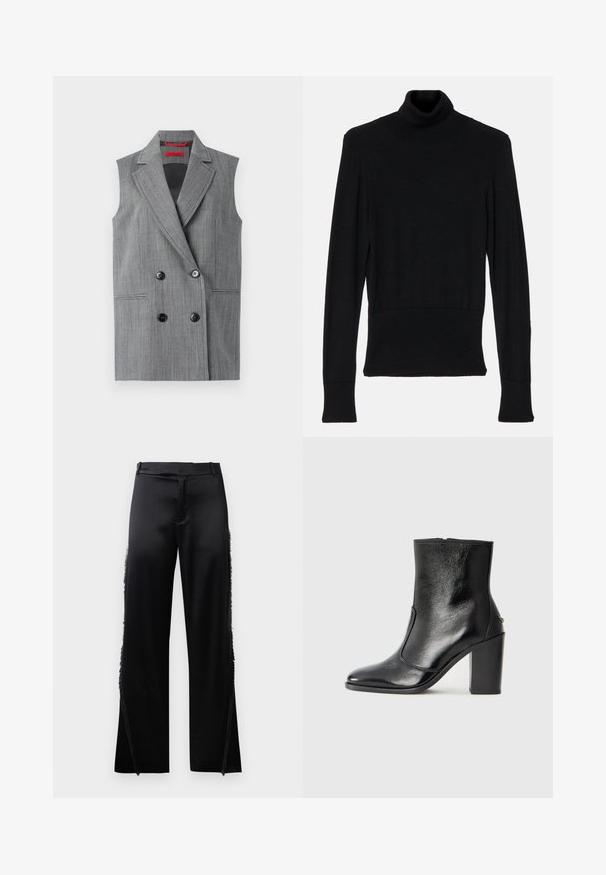 Blazer senza maniche grigio con design doppiopetto, rever a taglio, due tasche anteriori e bottoni neri. Motivo testurizzato verticale su tutta la superficie.; AERON TENDER LONG SLEEVED - Maglione - black; Pantaloni in satin nero con gambe larghe, caratterizzati da dettagli in frange lungo le cuciture laterali e una cintura piatta in vita. Retro semplice senza tasche.; Stivale alla caviglia in pelle nera, con una superficie liscia, punta affilata e tacco alto e massiccio. Presenta una apertura laterale e un design minimalista.