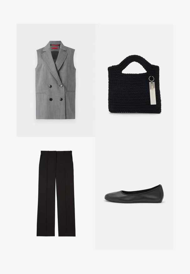 Grå ærmeløs blazer med en dobbeltradet design, reverskraver, to forlommer og sorte knapper. Lodret struktureret mønster hele vejen igennem.; Sort ærmeløs top med draperet stof, sidelilægning og forlænget frynsedetail, der har en glat tekstur og en tætsiddende silhuet.; Sorte skræddersyede bukser lavet af et glat stof, med et lige ben-design og to sidelommer. Elegant og minimalistisk konstruktion.; Sort læderballetsko med rund tå, glat tekstur, minimal syning og et fleksibelt såldesign.; Won Hundred MARSIELLE COMPUTER BAG UNISEX - Computertasker - black