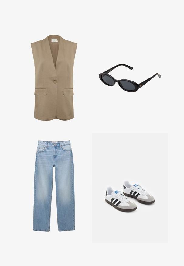 Béžový bezrukávový blejzer s V-výstrihom, jedným gombíkom a dvoma prednými vreckami. Hladká tkanina a priliehavý strih s jemným prešitím.; Biely bavlnený top bez rukávov s okrúhlym výstrihom a priliehavým strihom. Hladká textúra, jednoduchý dizajn a minimálne švy.; Svetlomodré džínsy s rovnými nohavicami, päť vrecovými detailmi a viditeľným šitím. Tkanina má mäkkú, jemne vyblednutú textúru.; Športové topánky s bielym koženým zvrškom, šedou semišovou špičkou a tromi čiernymi pruhmi. Obsahujú modré logo na jazyku a štruktúrovanú gumovú podrážku.; Čierne oversized slnečné okuliare s oválnymi šošovkami, hladkým plastovým rámom a zlatými akcentmi na straniciach. Tmavé šošovky poskytujú ochranu pred slnkom.