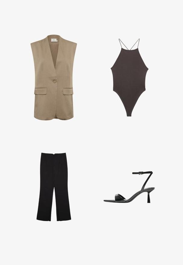 Blazer sans manches beige avec un décolleté en V, fermeture à un bouton et deux poches avant. Tissu lisse et design ajusté avec des coutures discrètes.; Maillot de bain une pièce marron à col montant avec des bretelles fines et réglables ; présente une jambe haute et une texture lisse. Aucun motif ni embellissement.; Pantalon noir avec une coupe droite, doté de poches avant et d'éclairs sur l'ourlet. Fabriqué en tissu doux et lisse. Convient à diverses occasions.; Bershka Sandales à talons hauts - black