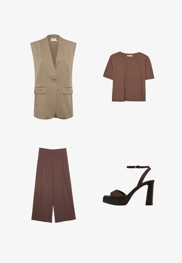 Beige ärmelloser Blazer mit V-Ausschnitt, einer Knopföffnung und zwei Vorderaschen. Glattes Material und maßgeschneiderter Schnitt mit dezenten Nähten.; Braunes, kurzärmliges T-Shirt aus weichem Material mit rundem Halsausschnitt und lockerer Passform. Keine sichtbaren Muster oder Akzente.; Braune Weite-Leg-Hosen mit einer glatten Textur, hoher Taille und Vorderfalten. Der Stoff ist leicht und fällt locker.; Braune Wildleder-Pumps mit offenem Zeh, verstellbarem Knöchelriemen und gestreiftem Plateausohlen.