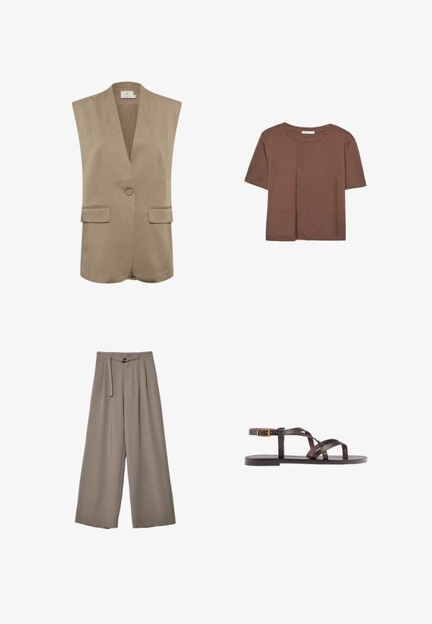 Béžový bezrukávový blejzer s V-výstrihom, jedným gombíkom a dvoma prednými vreckami. Hladká tkanina a priliehavý strih s jemným prešitím.; Hnedé tričko s krátkym rukávom vyrobené z jemného materiálu, s okrúhlym výstrihom a voľným strihom. Žiadne viditeľné vzory ani akcenty.; Široké nohavice v jemnej, tlmenej šedej tkanine, s opaskom v pase a vreckami pre dodatočný dizajnový detail. Hladký povrch, bez vzorov.; Hnedé kožené sandály s krížovými popruhmi, uzatváraním na pracku okolo členku a plochou podrážkou s minimálnymi ševmi.