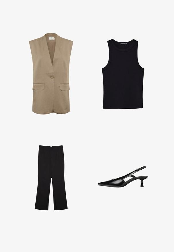 Beige sleeveless blazer with a V-neck, single button closure, and two front pockets. Smooth fabric and tailored design with subtle stitching.; Black tank top made of cotton, featuring a round neckline and wide armholes. Smooth texture with stitched hems. Classic, minimalist design.; Black trousers with a straight fit, featuring front pockets and side slits at the hem. Made of soft, smooth fabric. Suitable for various occasions.; Black patent leather slingback heels with a pointed toe, cut-out side design, and a small square heel. Smooth texture with minimal accents.