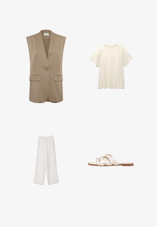 Beige liivitön bleiseri, jossa on V-niska, yksittäinen nappisulku ja kaksi etutaskua. Silkkinen kangas ja muotoiltu muotoilu, jossa on hienovarainen ommel.; Vaaleanbeige lyhythihainen t-paita, jossa on pyöreä kaula-aukko, valmistettu pehmeästä ja sileästä kankaasta. Ominaisuuksina rento mitta ja suora helma.; Valkoiset leveälahkeiset housut kevyestä kankaasta. Ominaisuuksiin kuuluu elastinen vyötärö, jossa on nauhakuuluma ja sivutaskut. Sileä rakenne.; Tason vaaleanruskealla kumipohjalla, jossa on kolme päällekkäistä valkoista nahkaremmiä ja pieni satiininen rusetti keskellä.