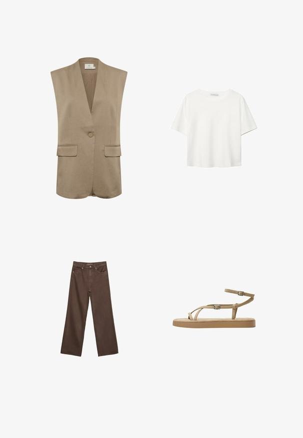 Bež prsluk bez rukava s V-izrezom, jednim gumbom i dvije prednje džepove. Glatka tkanina i krojeni dizajn s suptilnim šavovima.; Bijela majica kratkih rukava od pamuka. Ima okrugli izrez i opušteni kroj. Glatka tekstura bez vidljivih uzoraka ili naglasaka.; Proširene smeđe traperice od denima, s visokim strukom, prednjim džepovima i klasičnom kopčom na dugme. Glatka tekstura s suptilnim šavovima.; Bež sandale s tankim trakama, detaljem kopče i obućom s mekanom podlogom. Trake su izrađene od mekog materijala, dizajnirane za udobnost i prozračnost.