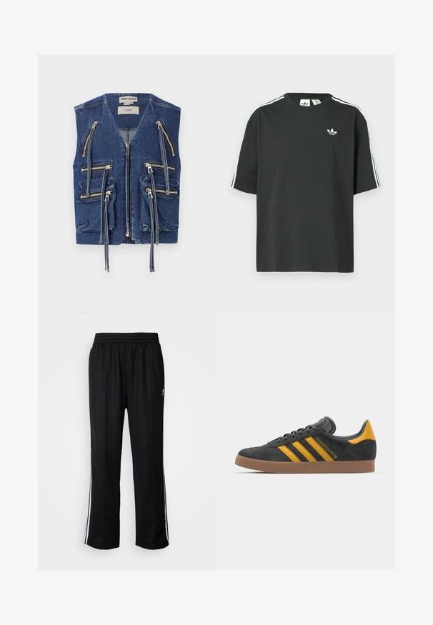 Denimväst med djup V-ringning, flera silverdragkedjor och fyra fickor. Texturerad med en medelblå tvätt, har accentuering i sömmarna och dragsko.; Svart bomulls-t-shirt med korta ärmar, rund halsringning och vita tre ränder på axlarna. Har en liten vit logotyp på bröstet.; Svarta träningsbyxor med elastisk midja, med vita sidostreck och en liten logotyp. Materialet verkar mjukt och lätt.; Svart mockaskor med gula accenter, med tre ränder och en brun gummisula. Inkluderar en vadderad tunga för extra komfort.
