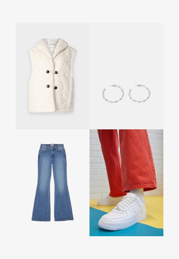 Quilted cream vest made of plush material featuring a notched collar, two dark buttons, and subtle heart-shaped patterns.; White halter top featuring a lace trim along the neckline, soft fabric, and lightly padded cups with a fitted, smooth silhouette.; Flared blue denim jeans with a high waist, five pockets, and contrast stitching; smooth texture and classic wash.; White leather sneaker with perforated toe box, textured sole, and white laces, paired with wide red pants and a blue and yellow background.; Silver hoop earrings with a twisted design, featuring a polished finish and post-back closure. Measure approximately 3 cm in diameter.