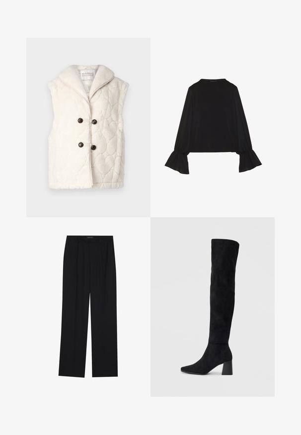 Odlakiran krem prsluk iz plišastega materiala s poševnim ovratnikom, dvema temnima gumboma in diskretniščnimi srčkastimi vzorci.; Črn dolg rokav vrh z razširjenimi manšetami, mehko teksturo in sproščenim krojem, z preprostim okroglim izrezom.; Črne hlače s ravnim krojem, ki imajo dva sprednja žepa in pas. Narejene so iz gladkega, lahkega materiala.; Črne semiš škornje do kolen z blok peto, s koničastim nosom in gladkim, brezšivnim dizajnom na enostavni svetli podlagi.