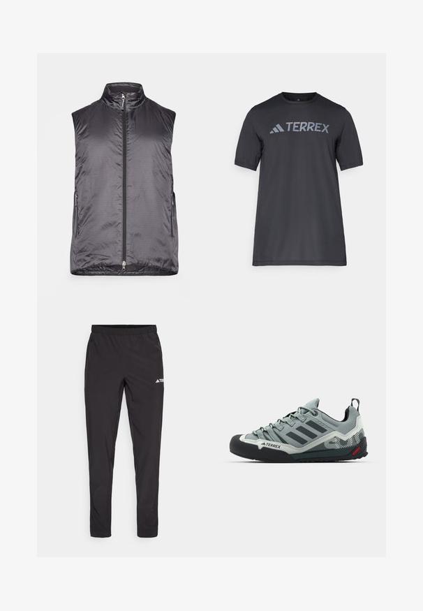 Houdini VEST - Bodywarmer - true black; Zwarte korte mouwen t-shirt van lichtgewicht stof, met een lichtgrijze "TERREX" logo over de borst en een ronde hals.; Zwarte sportbroek met een elastieke tailleband, twee zijzakken met rits en een logo op de bovenkant van het rechterbeen. Soepele, lichte stof.; Grijze klimschroeve met een gestructureerde bovenkant, zwarte rubberen neuskap, drie donkere strepen en een klein rood accent op de zool.