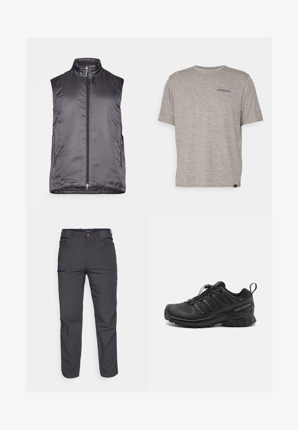 Houdini VEST - Liemenė - true black; Pilkas trumpas rankovės marškinėliai, pagaminti iš minkštos, tekstūruotos medžiagos, ant kairiojo krūtinės puikuojasi mažas mėlynas Patagonia logotipas. Be papildomų raštų.; Tamsiai pilki kelnės, pagamintos iš patvarios medžiagos, su užtrauktuku užsegamu kišeniu, tiesiu kirpimu ir diržo kilpom pritaikytiems dydžiams.; Juodas sportinis batas su tekstūruotu sintetiniu apvalkalu, paminkštintu padu ir greito užrišimo sistema. Yra sustiprinta nosis ir kulnas.