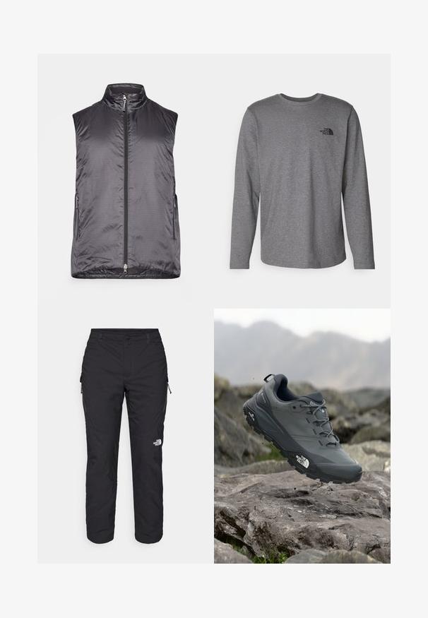 Houdini VEST - Smanicato - true black; The North Face M L/S SIMPLE DOME TEE - Maglietta a manica lunga - medium grey heather; The North Face WINTER EXPLORATION TAPERED CARGO - Pantaloni outdoor - black; Scarpa da trail running grigia con tomaia testurizzata, suola in gomma resistente e punta rinforzata. Presenta lacci e logo del marchio sul lato.