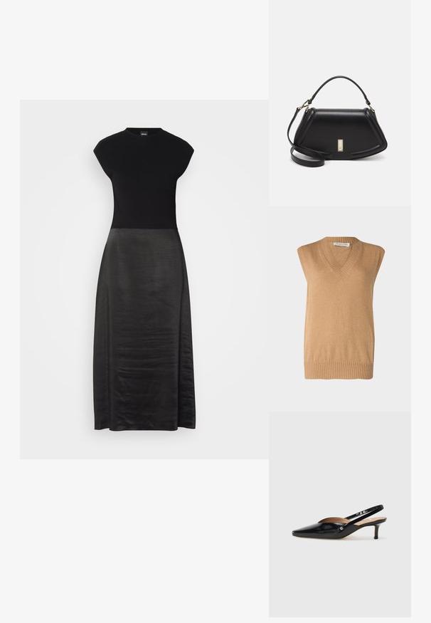 V-formos, be rankovių megztinis iš švelnaus kamelinės spalvos pynimo su briaunotu apvadu, pagamintas iš aukštos kokybės medžiagų. Paprastas dizainas be papildomų raštų ar akcentų.; Juoda suknelė, pasižyminti priglustančiu korpusu ir plaukiančia, šilkine sijonu. Trumpi rankoviai, apvalus kaklo iškirpimas, glotni tekstūra ir iki kulkšnies ilgio dizainas.; Juodas patentuotas odinis slingback batelis su smailiu nosimi, mažu kulniuku ir išpjovimais ant priekinės dalies. Auksinės spalvos detalės ant šono.; Juoda odinė rankinė su struktūrizuotu dizainu, turi trumpą formą, viršutinę rankeną ir auksinius akcentus. Pridėtas reguliuojamas peties diržas.