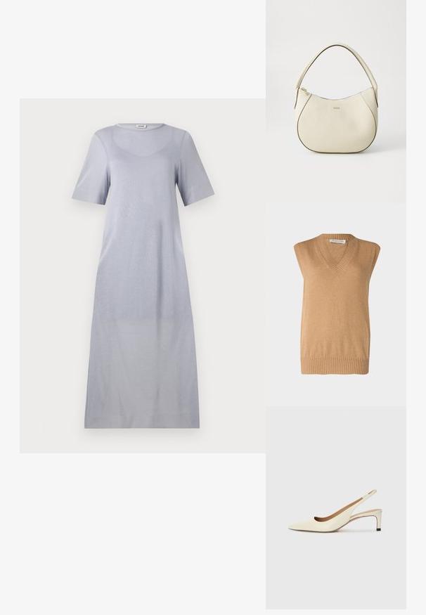 V-veida, bez piedurknēm adīta džemperi mīkstā kamieļu krāsā ar ribotas apakšmalu, izgatavota no kvalitatīviem materiāliem. Vienkāršs dizains bez papildus rakstiem vai akcentiem.; Gaišpelēks, īsām piedurknēm, vidēja garuma kleita, izgatavota no mīksta auduma ar gludu tekstūru un apaļu kakla izcirtni, ar brīvu piegriezumu.; Asimtais pirksta siksnas kurpes off-white ādas, ar zemu papēdi un izgrieztu dizainu, gluda tekstūra un minimāli akcenti.; Krēmkrāsas rokassoma ar teksturētu virsmu, izliekta forma, īss rokturis un zelta tonī logo detaļa. Vāciņš ar rāvējslēdzēju augšpusē.