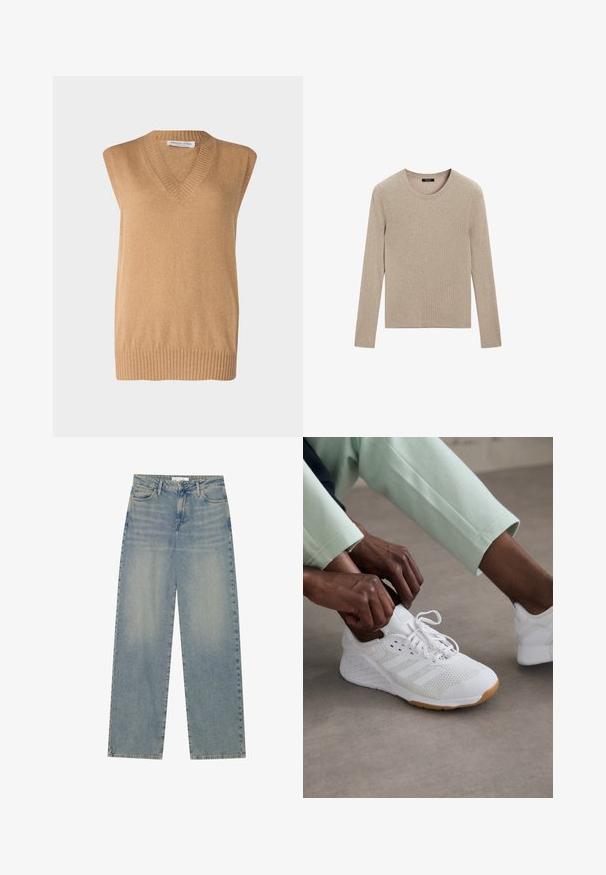 Svetr s výstřihem do V a bez rukávů v měkkém camelovém pletení s žebrovaným lemem, vyrobený z kvalitních materiálů. Jednoduchý design bez dalších vzorů či akcentů.; Massimo Dutti RIBBED CREW NECK - Svetr - LIGHT BROWN; Světlé modré džíny s vysokým pasem a rovnými nohavicemi, vybavené předními kapsami, poutky na pásek a viditelným zapínáním na knoflík a zip.; Bílé atletické boty s textilním svrškem, gumovou podrážkou a designem tří pruhů. Šňůrky se právě upravují; viditelné jsou světlé šedé a mátově zelené oblečení.
