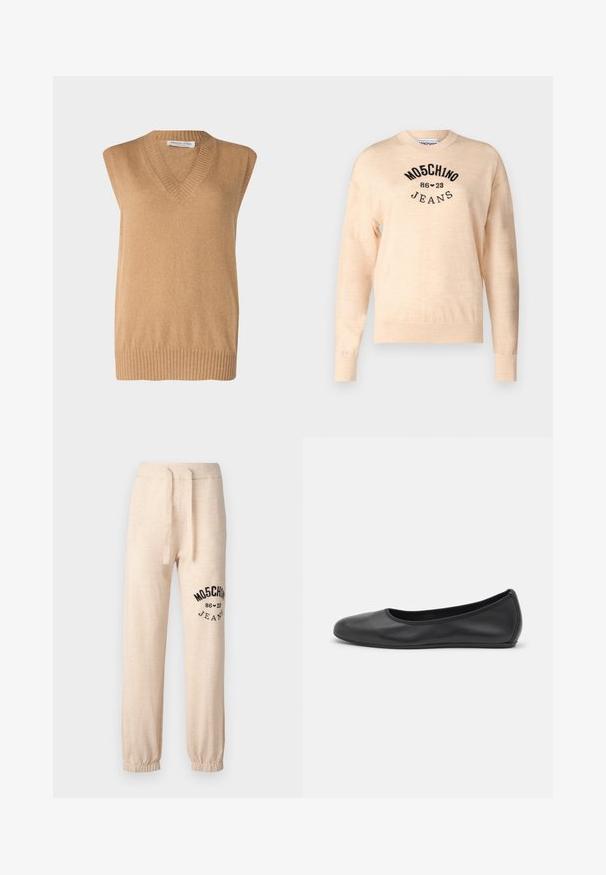 Maglione senza maniche con scollatura a V, realizzato in morbido cotone color cammello con orlo a coste, realizzato con materiali pregiati. Design semplice senza ulteriori motivi o dettagli.; Maglione beige chiaro realizzato in un morbido tessuto a maglia, con scollo rotondo, maniche lunghe e un logo ricamato nero con la scritta "Moschino Jeans."; Pantaloni della tuta beige con polsini e vita elastica. Presenta un logo stampato nero "MOSCHINO 86 ❤ 23 JEANS" sulla coscia sinistra. Tessuto morbido.; Pantofole da balletto nere in pelle con punta arrotondata, texture liscia, dettagli di cucitura minimi e design con suola flessibile.