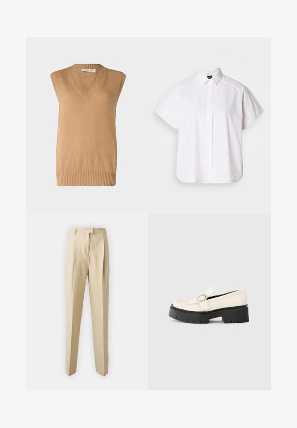 V-neck, sleeveless sweater in soft camel-colored knit with ribbed hem, made of fine materials. Simple design with no additional patterns or accents.; White short-sleeve button-up shirt with a pointed collar and curved hem. Made from cotton with a smooth texture and no visible patterns.; Beige tailored trousers with a straight cut, featuring pleats, a waistband, and a smooth texture. No visible pockets or embellishments.; White leather loafer with a chunky black platform sole, featuring a rectangular silver buckle and visible stitching detail on the upper.