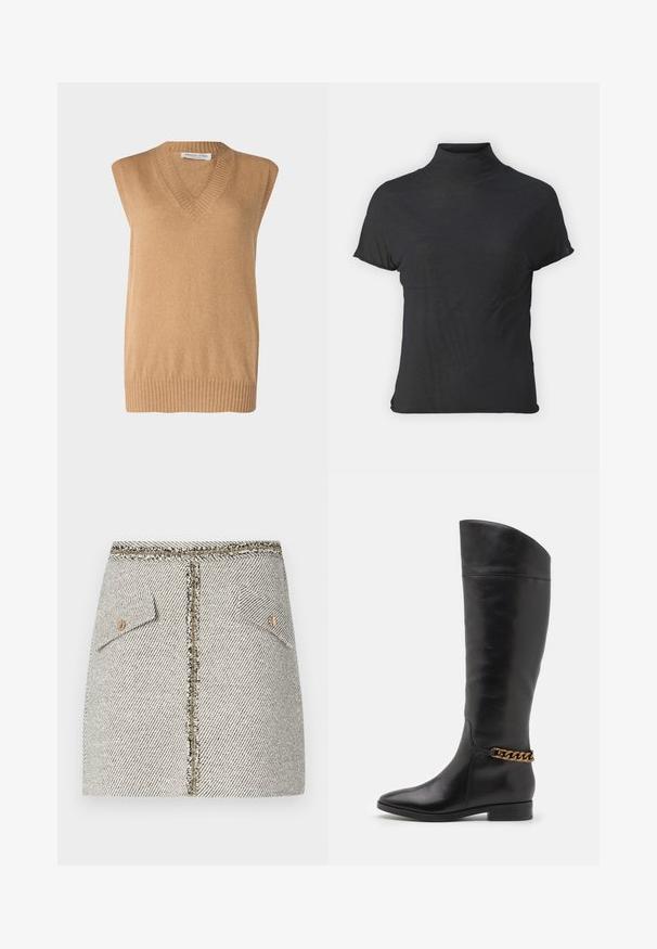 Sweter bez rękawów w kształcie litery V, w miękkim, kamelowym kolorze, wykonany z delikatnego przędzy z prążkowanym dołem. Prosty design bez dodatkowych wzorów czy akcentów.; Czarny krótki top z golfem, wykonany z lekkiego materiału o gładkiej teksturze i dopasowanym kroju, z wysokim kołnierzem.; Tkaninowa spódnica z tweedu w białym i czarnym wzorze w jodełkę, posiada dwie przednie kieszenie oraz złoty zamek błyskawiczny z tyłu z postrzępionymi krawędziami.; Wysokie czarne skórzane botki o eleganckim designie, ze spiczastym noskiem i złotym łańcuszkiem na kostce. Niski blokowy obcas. Gładka tekstura.
