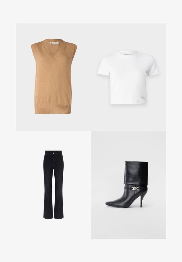 V-neck, sleeveless sweater in soft camel-colored knit with ribbed hem, made of fine materials. Simple design with no additional patterns or accents.; White cropped t-shirt made of smooth cotton, featuring a high neckline and short sleeves. Small embroidered logo in the bottom corner.; Black denim flared jeans featuring a high waist, five-pocket design, and metallic button accents on the sides. Smooth texture and classic fit.; Black leather ankle boot with a pointed toe, high stiletto heel, fold-over cuff, and a gold decorative buckle detail on the ankle.